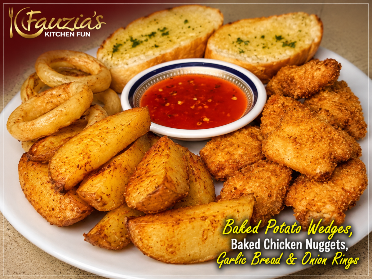 Baked Nuggets & Potato Wedges, Onion Rings & Garlic Bread